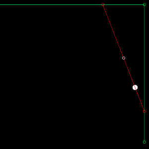 a black image with a white ball moving along a curve. The origin, tangent and end points are connected using green lines, and the linear interpolation line is drawn in red.