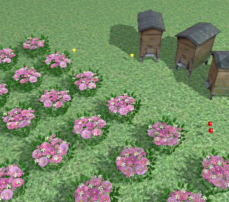 a rendered scene of beehives and flowers, with yellow and red bee-balls flying between them