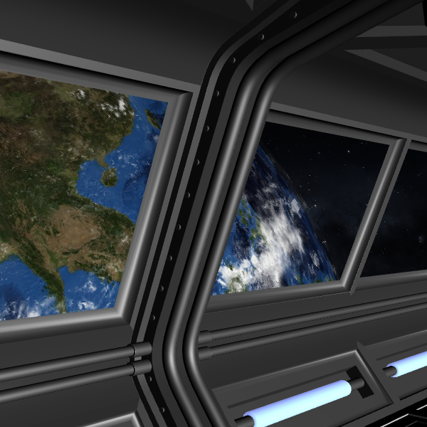 a 3d rendered scene of a view out the window of a science fiction space station, looking at the Earth.