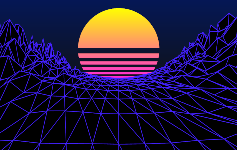 A 3d rendered scene of a wireframe valley between mountains with a yellow to magenta sunset in the distance.